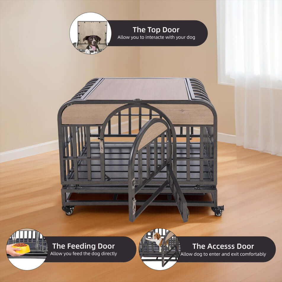 46In Heavy Duty Dog Crate, Furniture Style Dog Crate with Removable Trays and Wheels for High Anxiety Dogs