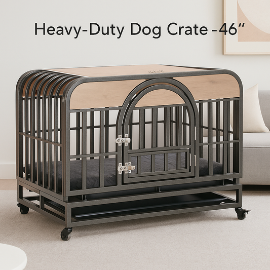 Cassa per cani da 46" heavy‑duty, stile mobile, con vassoi rimovibili e ruote, ideale per cani con forte ansia