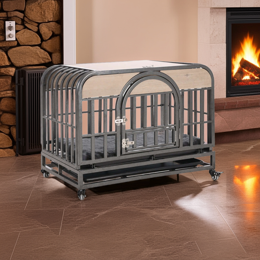 Cassa per cani da 46" heavy‑duty, stile mobile, con vassoi rimovibili e ruote, ideale per cani con forte ansia